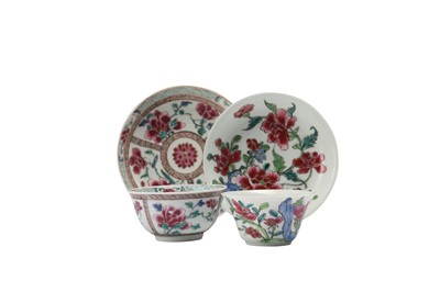 Lot 931 - TWO CHINESE FAMILLE ROSE CUPS AND SAUCERS.