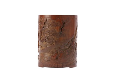 Lot 45 - A CHINESE CARVED BAMBOO' RAFT VOYAGE' BRUSH POT.