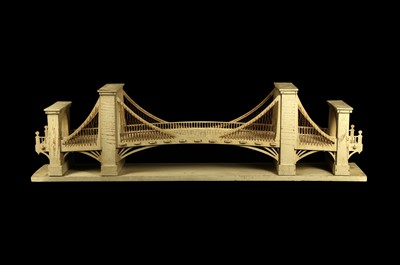 Lot 333 - AN EARLY 20TH CENTURY PAINTED WOOD MODEL OF A SUSPENSION BRIDGE