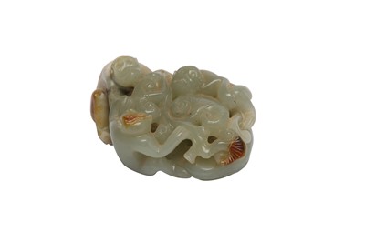 Lot 659 - A CHINESE PALE CELADON JADE 'THREE MONKEYS AND LINGZHI' CARVING.