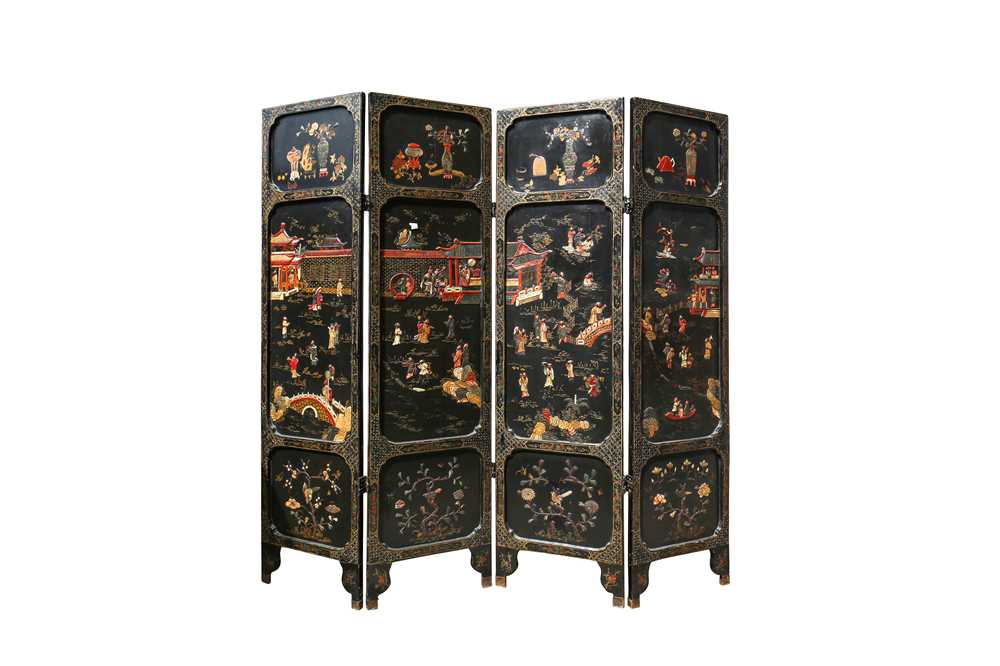 Lot 174 - A CHINESE HARDSTONE-INLAID LACQUER WOOD FOUR-FOLD SCREEN.