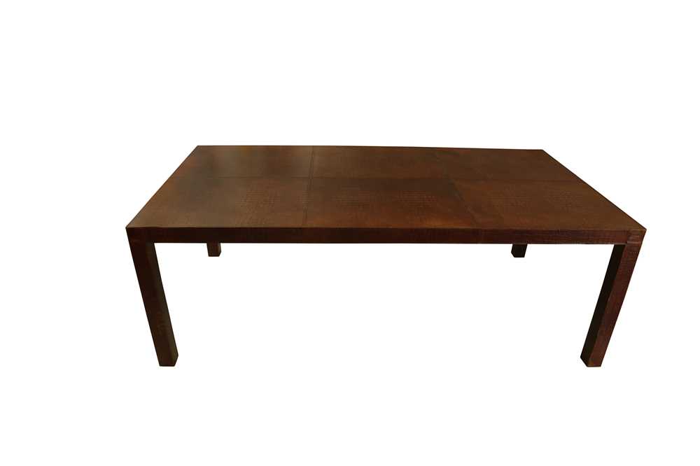 Lot 379 - A LARGE BROWN LEATHER UPHOLSTERED RECTANGULAR DINING TABLE, CONTEMPORARY