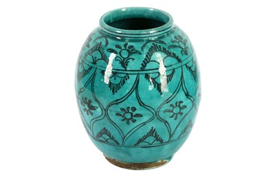 Lot 692 - A BLACK PAINTED AND TURQUOISE GLAZED KUBACHI STYLE POTTERY VASE, LATE 19TH/EARLY 20TH CENTURY