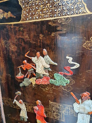 Lot 173 - A CHINESE HARDSTONE-INLAID LACQUER WOOD SIX-FOLD 'IMMORTALS' SCREEN.