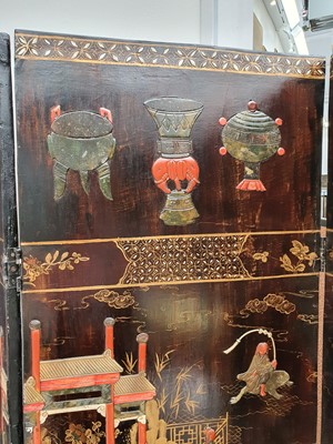 Lot 173 - A CHINESE HARDSTONE-INLAID LACQUER WOOD SIX-FOLD 'IMMORTALS' SCREEN.