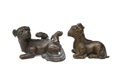 Lot 334 - TWO CHINESE BRONZE 'MYTHICAL BEAST' PAPERWEIGHTS