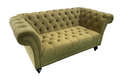 Lot 54 - A CHESTERFIELD SOFA UPHOLSTERED IN MUSTARD YELLOW VELOUR FABRIC, 21ST CENTURY
