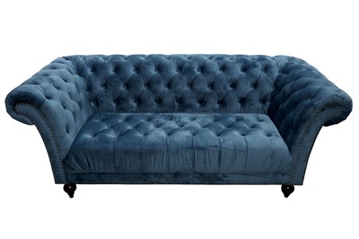 Lot 32 - A CHESTERFIELD SOFA UPHOLSTERED IN BLUE VELOUR FABRIC, 21ST CENTURY