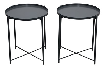 Lot 53 - A PAIR OF CIRCULAR GREY PAINTED METAL TRAY TOP OCCASIONAL TABLES, 21ST CENTURY