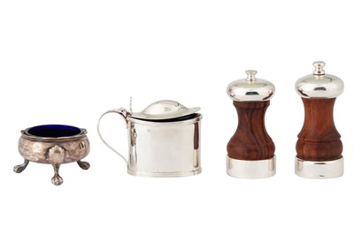 Lot 270 - A MIXED GROUP OF STERLING SILVER CONDIMENTS, INCLUDING A GEORGE II SALT, LONDON 1752 BY DAVID HENNELL (REG. 23RD 1736)