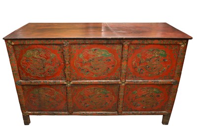 Lot 108 - A TIBETAN RED LACQUERED SIDE CABINET