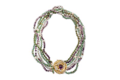 Lot 153 - A multi-strand necklace with an amethyst and diamond clasp