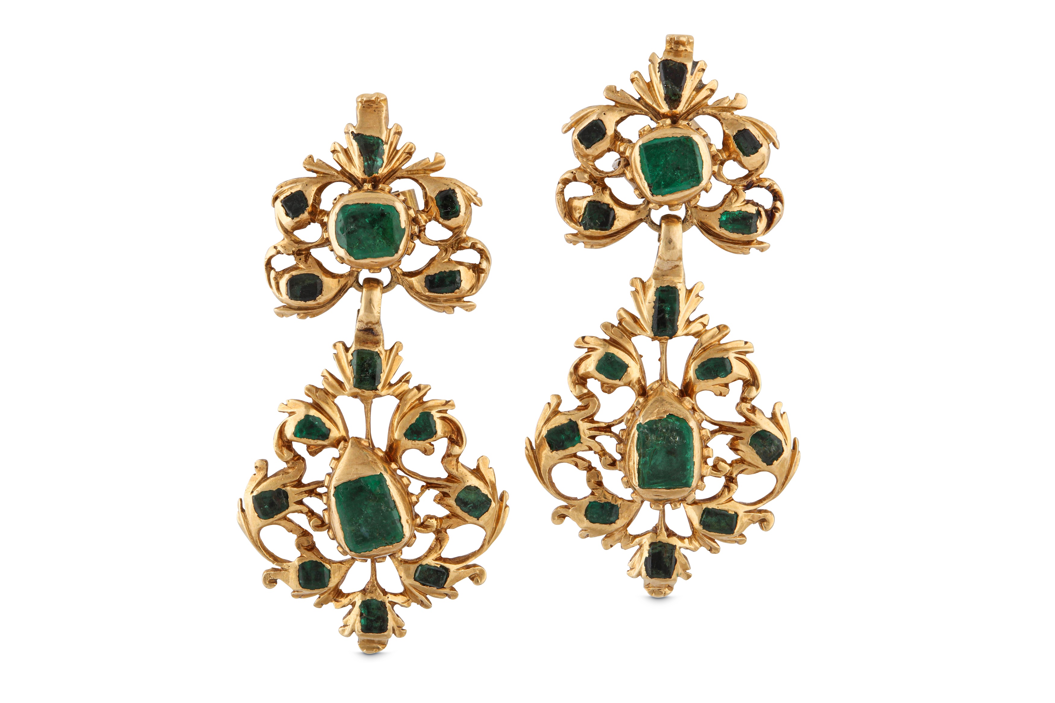 Lot 68 - A pair of antique emerald pendent earrings,