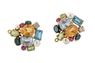 Lot 122 - A pair of multi-gem, diamond and cultured pearl earrings