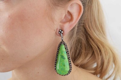 Lot 19 - A pair of treated green turquoise and diamond earrings