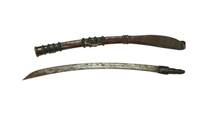 Lot 52 - A 19TH CENTURY LEATHER MOUNTED BAYONET TOGETHER WITH A SWORD