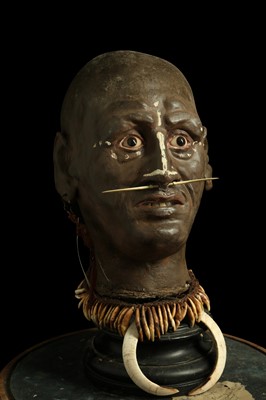 Lot 33 - A MODEL OF A TRIBAL ELDERS' HEAD A NEW GUINEA  TRIBAL HEAD UNDER A LARGE 19TH CENTURY GLASS DOME