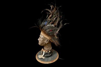Lot 43 - A MODEL OF A TRIBAL ELDERS' HEAD A NEW GUINEA  TRIBAL HEAD UNDER A LARGE 19TH CENTURY GLASS DOME