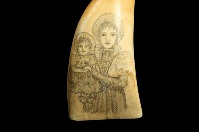 Lot 134 - A MID 19TH CENTURY SCRIMSHAW SPERM WHALE TOOTH DEPICTING A MOTHER AND CHILD