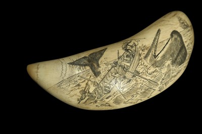 Lot 133 - A 19TH CENTURY SCRIMSHAW SPERM WHALE TOOTH DEPICTING WHALING