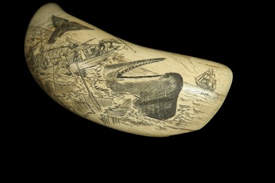 Lot 133 - A 19TH CENTURY SCRIMSHAW SPERM WHALE TOOTH DEPICTING WHALING