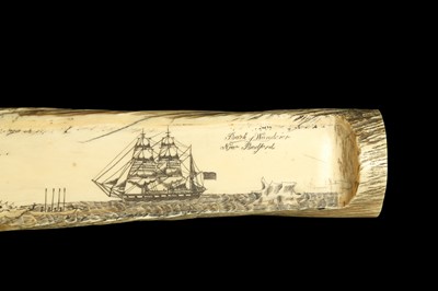 Lot 132 - A RARE 19TH CENTURY NARWHAL SCRIMSHAW CARVED WITH A WHALING EXPEDITION