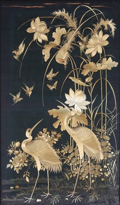 Lot 712 - A CHINESE EMBROIDERED SILK 'BIRDS ON LOTUS POND' PANEL.
