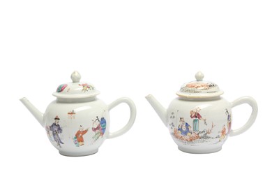 Lot 933 - TWO FAMILLE ROSE FIGURATIVE TEAPOTS AND COVERS.