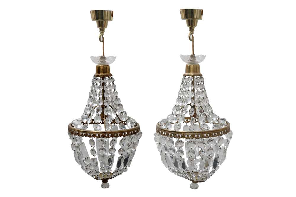 Lot 83 - A PAIR OF GLASS AND GILT METAL SINGLE LIGHT CEILING LIGHTS, 20TH CENTURY