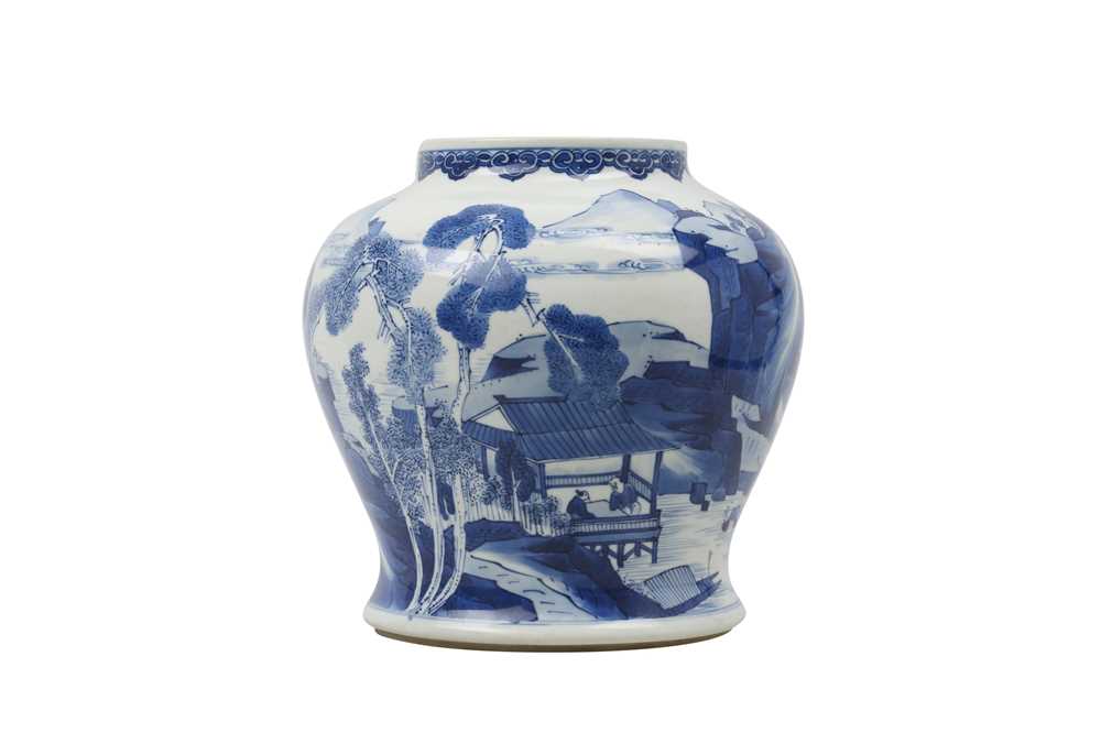 Lot 451 - A CHINESE BLUE AND WHITE BALUSTER 'LANDSCAPE' VASE.