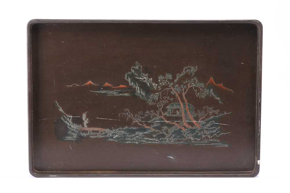 Lot 147 - A LARGE CHINESE RECTANGULAR 'SHEN SHAO AN' LACQUER TRAY.