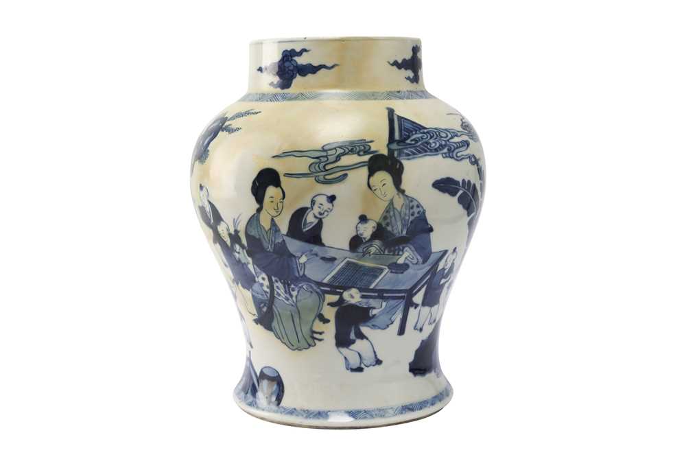 Lot 445 - A CHINESE BLUE AND WHITE 'LADIES AND BOYS' BALUSTER VASE.