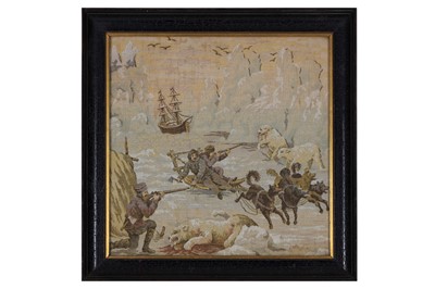 Lot 250 - A 19TH CENTURY TEXTILE DEPICTING POLAR BEAR HUNTERS IN THE ARCTIC