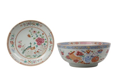 Lot 790 - A CHINESE FAMILLE ROSE PUNCH BOWL AND A FAMILLE ROSE DISH.