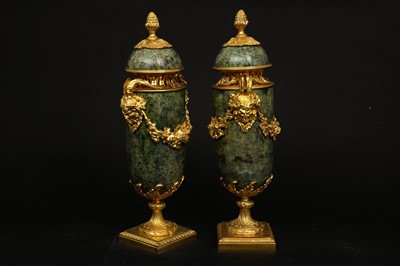 Lot 90 - A PAIR OF LOUIS XVI STYLE GREEN MARBLE AND ORMOLU URNS AND COVERS