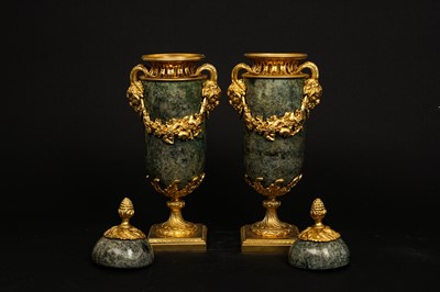 Lot 90 - A PAIR OF LOUIS XVI STYLE GREEN MARBLE AND ORMOLU URNS AND COVERS