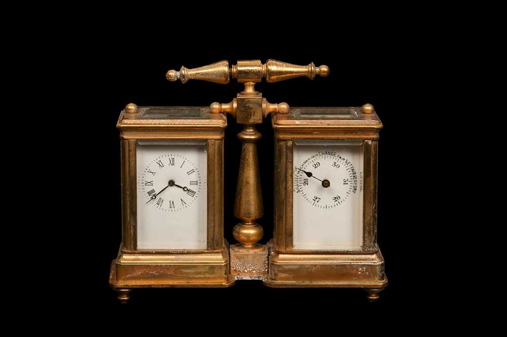 Lot 296 - A GILT BRONZE DESK COMPENDIUM WITH CARRIAGE CLOCK AND BAROMETER
