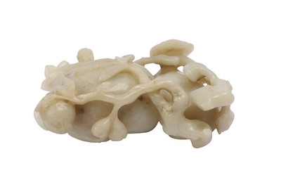 Lot 575 - A CHINESE PALE CELADON JADE 'PEACH AND LINGZHI' WASHER.