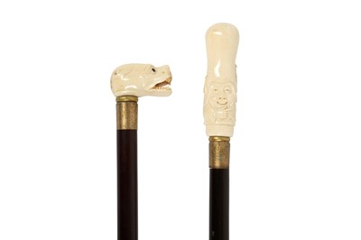 Lot 344 - TWO EARLY 20TH CENTURY JAPANESE CARVED BONE AND EBONISED WALKING CANES