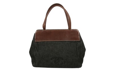 Lot 379 - CHANEL BLACK DENIM FRONT LOGO TOTE