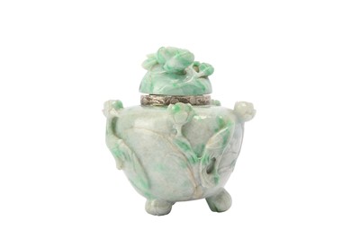 Lot 631 - A CHINESE APPLE-GREEN JADEITE INCENSE BURNER AND COVER.
