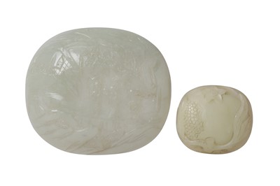 Lot 802 - TWO CHINESE PALE CELADON JADE OVAL PLAQUES.