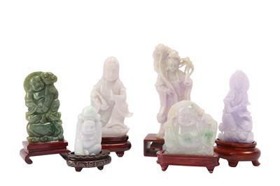 Lot 805 - A COLLECTION OF SIX CHINESE JADEITE FIGURES.