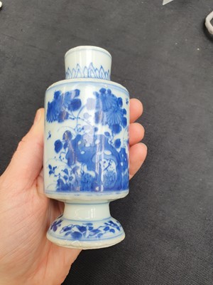 Lot 93 - TWO CHINESE BLUE AND WHITE CYLINDRICAL VASES AND COVERS.