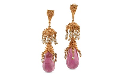 Lot 185 - A pair of pink tourmaline and seed pearl earrings