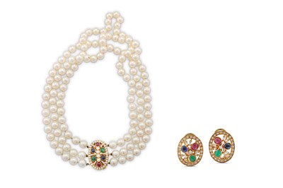 Lot 71 - A multi gem-set and cultured pearl necklace and earclip suite