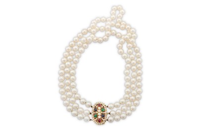 Lot 71 - A multi gem-set and cultured pearl necklace and earclip suite