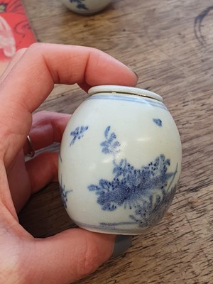 Lot 91 - TWO CHINESE BLUE AND WHITE JARLETS WITH COVERS INCLUDING A RARE UPSIDE-DOWN-DECORATED JAR.
