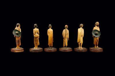 Lot 362 - A SET OF SIX 19TH CENTURY CARVED AND PAINTED BONE FIGURES WITH WOODEN COVERS