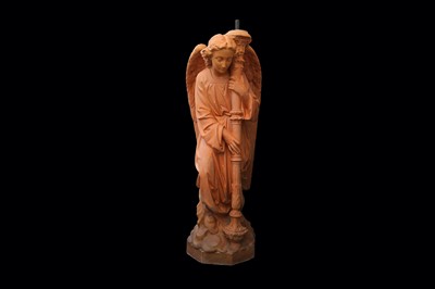 Lot 332 - A LARGE LATE 19TH CENTURY GOTHIC REVIVAL TERRACOTTA STATUE OF AN ANGEL